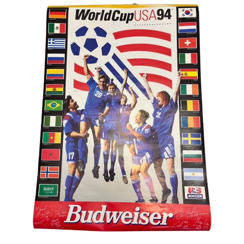 Vintage 1994 World Cup USA Budweiser Poster Soccer USA 94 Flags 29x20